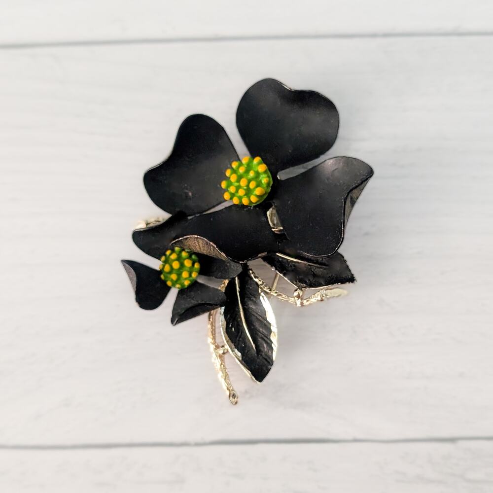 Vintage Judy Lee Brooch Very Large Black & Gold Tone Flower 3" Statement